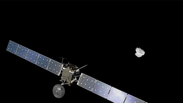 Eine Raumsonde mit Solarpaneelen nähert sich einem Asteroiden.