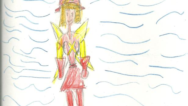 Eine gezeichnete Superheldin mit gelben Flügeln und einem roten Anzug steht vor blauem Hintergrund.