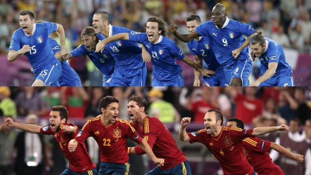 Unten: Spanien und Jubel, ein gewohntes Bild in den letzten Jahren. Oben: Italien und Jubel, ein Markenzeichen dieses Turniers.