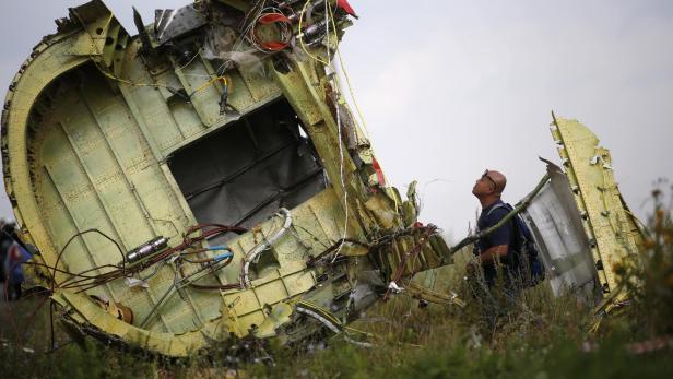 Ein Mann betrachtet die Trümmer eines Flugzeugs auf einem Feld.