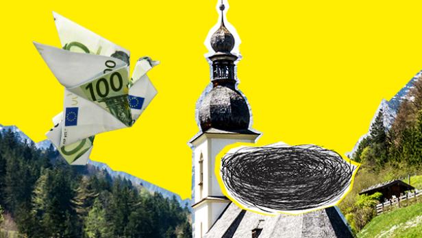 Eine Collage mit einer Kirche, einer 100-Euro-Origami-Taube und einer Kritzelei vor einer Berglandschaft.