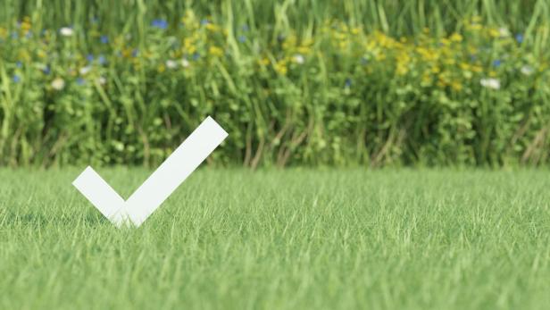 White check mark on grass field with flowers on background