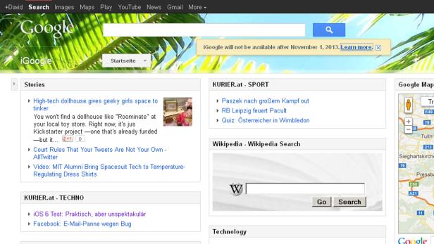 iGoogle Seite mit Einstellungs-Notiz. Aus für iGoogle und Google Video