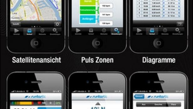 Screenshots der Runtastic-App zeigen verschiedene Funktionen wie Satellitenansicht, Pulsmessung, Kompass und Intervalltraining.