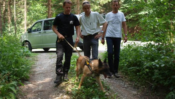 Drei Männer gehen mit einem Schäferhund auf einem Waldweg entlang.