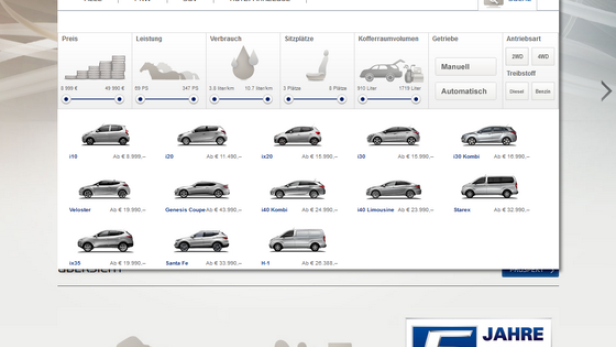 Die Webseite von Hyundai zeigt eine Übersicht verschiedener Fahrzeugmodelle mit Preisangaben.