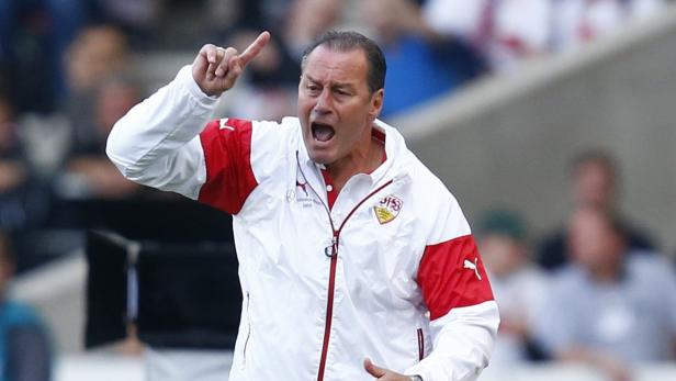 Ein Trainer des VfB Stuttgart gestikuliert und schreit an der Seitenlinie.