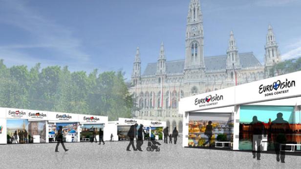 Stände des Eurovision Song Contest vor dem Wiener Rathaus.