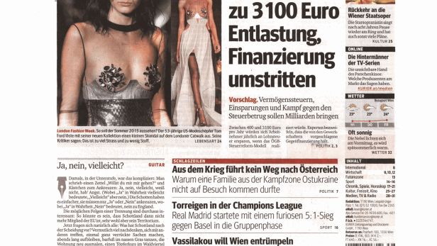 Eine Modenschau von Tom Ford auf der London Fashion Week, abgebildet in der Zeitung „Kurier“.