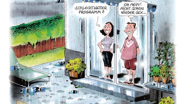 Eine Karikatur zeigt ein Paar, das bei Regenwetter über mögliche Freizeitaktivitäten diskutiert.