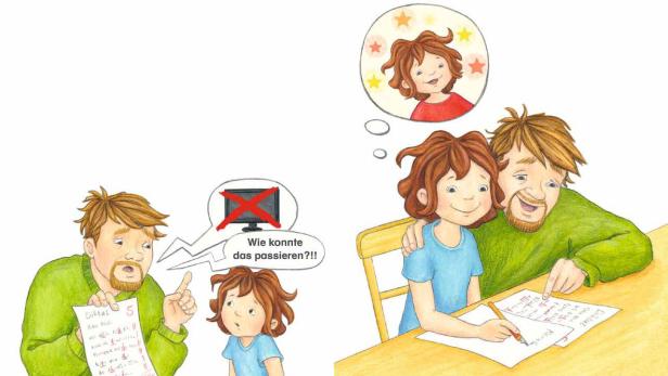 Ein Vater ist unzufrieden über das Diktat seiner Tochter, die von einer besseren Note träumt.