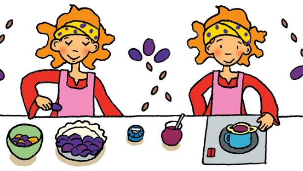 Eine Frau backt einen Pflaumenkuchen in verschiedenen Schritten.