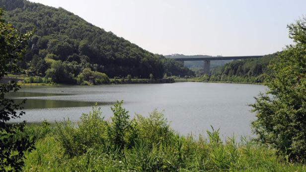 Ein See umgeben von bewaldeten Hügeln und einer Brücke im Hintergrund.