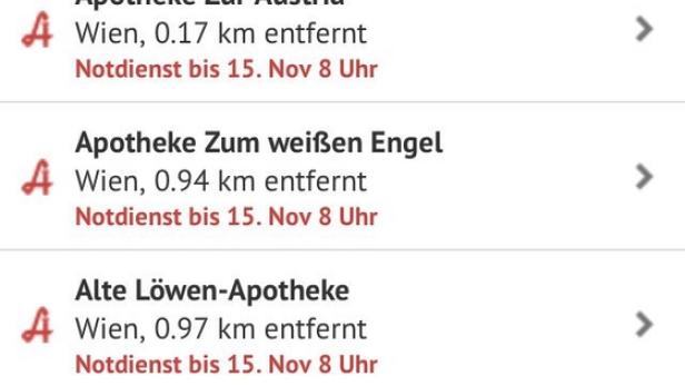 Eine Liste von Notdienst-Apotheken in Wien, gefunden auf austria.com.