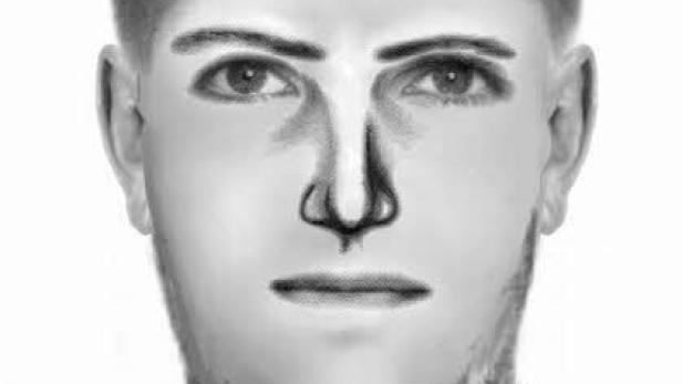 Eine gezeichnete Phantombildaufnahme eines Mannes mit kurzem Haar und einem Pullover.