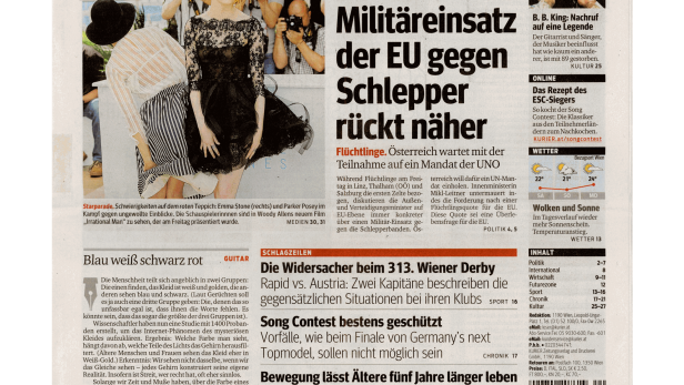 Schlagzeile vom 16.05.2015Gemeinsamer Militäreinsatz der EU gegen Schlepper rückt näherKurier
