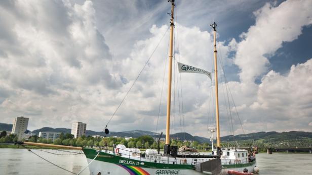 Greenpeace-Aktionsschiff in Linz vor Anker