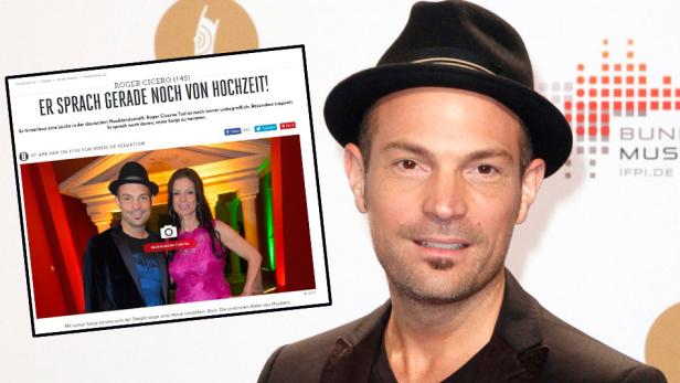 Ein Porträt von Roger Cicero, daneben ein Ausschnitt eines Artikels über ihn und seine Frau Sonja.