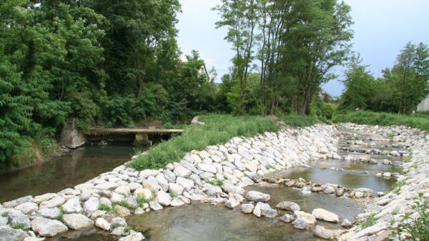 Ein befestigter Bachlauf mit Steinen und üppiger Vegetation an den Ufern.