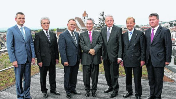 Diskutierten über 1989: Pellegrini (Slowakei), Teltschik (Deutschland), Niessl, Fischer, Vranitzky, Bohl (Deutschland) und Pröhle (Ungarn), von links