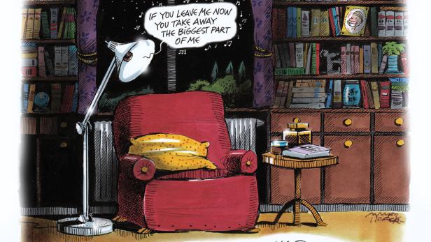 Eine Karikatur zeigt ein gemütliches Zimmer mit Sessel, Bücherregal und einer Glühbirne, die wegläuft.