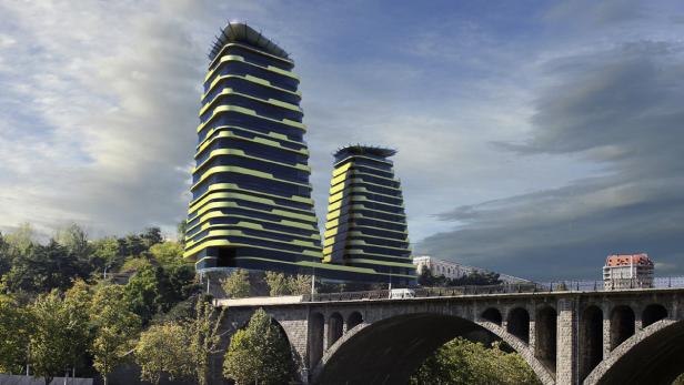 Die „Berbuk Towers“ (Ellis Williams Architects) am Ufer der Kura sind noch in Bau