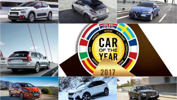 Collage verschiedener Autos und des „Car of the Year 2017“-Logos.