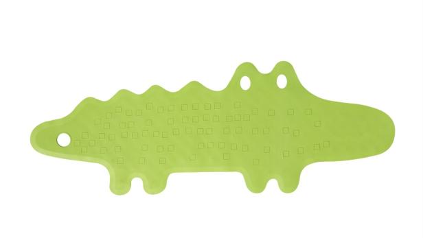 Eine hellgrüne Badematte in Form eines Krokodils.