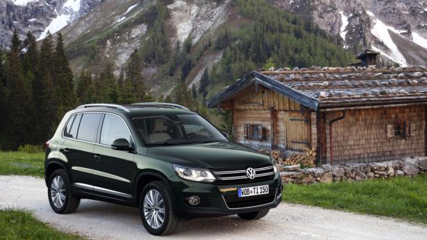 Ein grüner VW Tiguan steht vor einer Hütte in den Bergen.