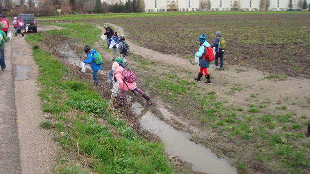 Eine Gruppe von Kindern sammelt Müll in der Natur.