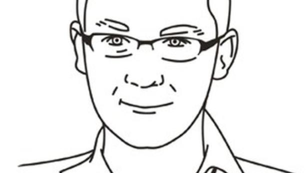 Eine Strichzeichnung eines Mannes mit Brille, Hemd und Krawatte.