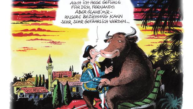 Ein Stier namens Fernando sitzt mit einem Matador auf einer Bank, der ihm seine Gefühle gesteht.