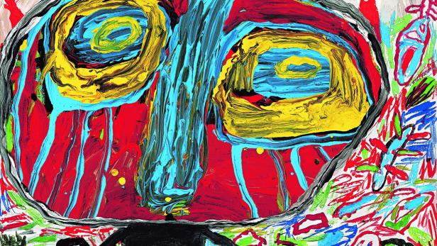 Peter Pongratz: „Selbstporträt Badend“, 2013. Oben rechts ein Foto-Porträt des heute 75-Jährigen.