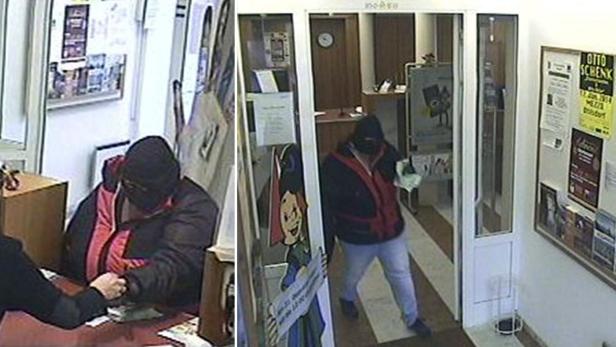 Die Combo von Aufnahmen einer Überwachungskamera zeigen die mutmaßliche Täterin, die am Donnerstag die Bankfiliale in Ohlsdorf überfiel.