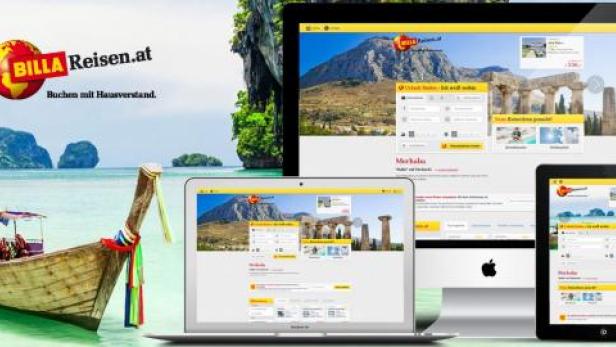 Verschiedene Geräte zeigen die Website Billa Reisen vor einer thailändischen Strandkulisse.