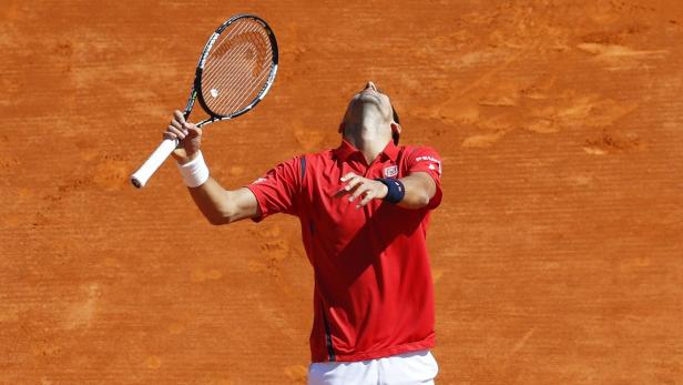 Ein Tennisspieler jubelt mit erhobenem Schläger auf einem Sandplatz.