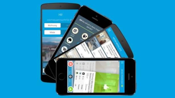 Mehrere Smartphones zeigen die Benutzeroberfläche der Immobiliensuch-App Zoomsquare.