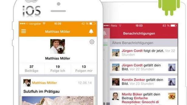 Screenshots einer Social-Media-App auf iOS- und Android-Geräten.
