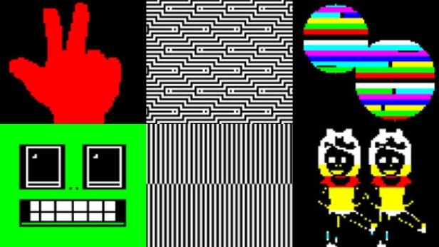 Eine Collage mit Pixelgrafiken, darunter eine Hand, ein Gesicht und abstrakte Muster.