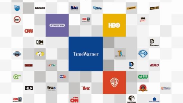 Logos verschiedener TimeWarner-Kanäle und -Unternehmen, darunter HBO, CNN und Warner Bros..