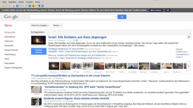 Ein Screenshot der Google News-Website mit Schlagzeilen, darunter Nachrichten über Israel und die Ebola-Epidemie.
