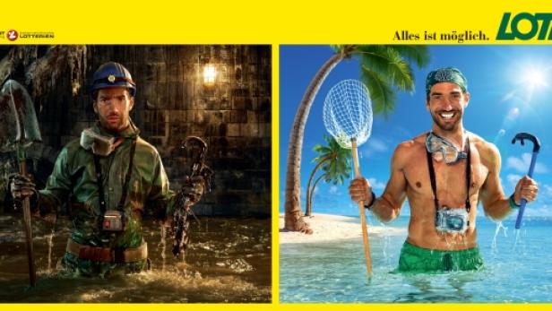 Ein Mann steht zur Hälfte im Wasser, einmal im Abwasserkanal und einmal am Strand, als Lotto-Werbung.