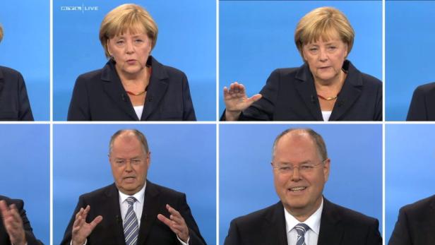 epa03847093 A handout composite picture provided by German TV broadcasters ARD, RTL, Prosieben and ZDF shows German Chancellor Angela Merkel (upper row) and Chancellor candidate of the German Social Democratic Party (SPD) Peer Steinbrueck (lower row) during their TV election debate at the TV studio in Berlin-Adlershof, Germany, 01 September 2013. Germany will hold federal elections on 22 September. EPA/ARD/RTL/PROSIEBEN/ZDF / HANDOUT BEST QUALITY AVAILABLE HANDOUT EDITORIAL USE ONLY/NO SALES