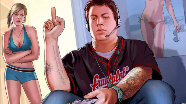 Ein Mann mit Headset und Controller zeigt den Mittelfinger, während eine Frau verärgert daneben steht.