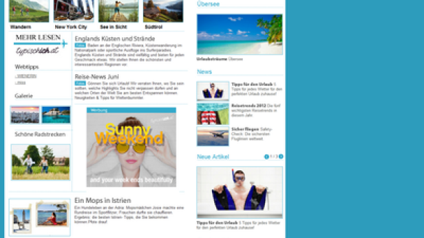 Ein Screenshot der „ichreise.at“-Webseite mit Artikeln über Reiseziele.