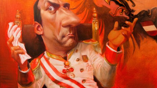 Karikatur von Kaiser Franz Joseph I. mit einem österreichischen Adler im Hintergrund.