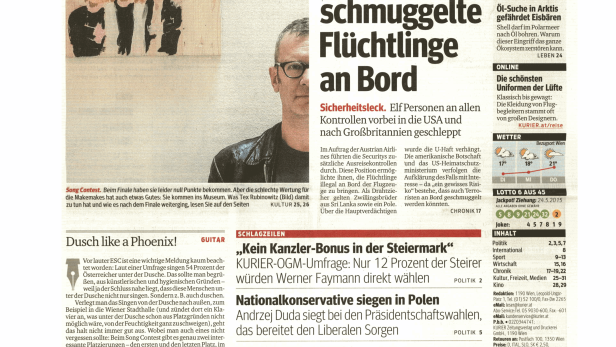 Schlagzeile vom 26.05.2015Security schmuggelte Flüchtlinge an BordKurier