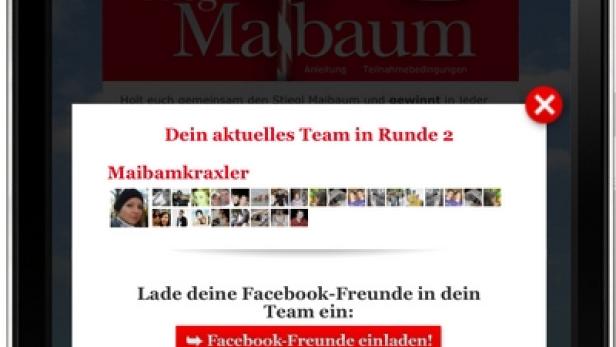 Ein iPhone zeigt eine Facebook-App mit einer Einladung zum Stiegl Maibaum Spiel.