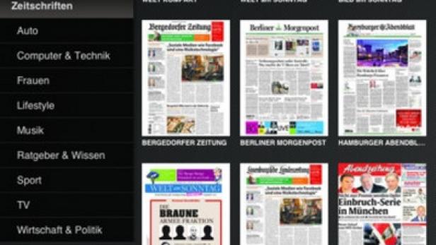 Ein iPad-Screenshot der iKiosk-App mit verschiedenen deutschen Zeitungstiteln.