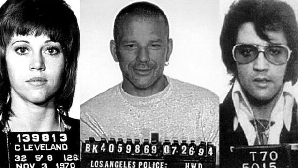 Mugshots von Jane Fonda, Mickey Rourke und Elvis Presley.